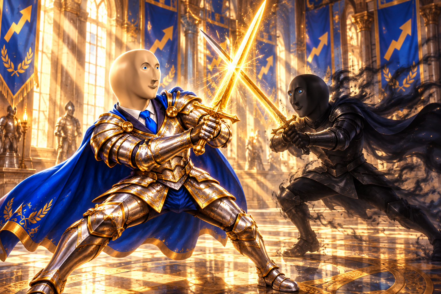 Stonk knight clashing swords with a dark rival in a grand hall