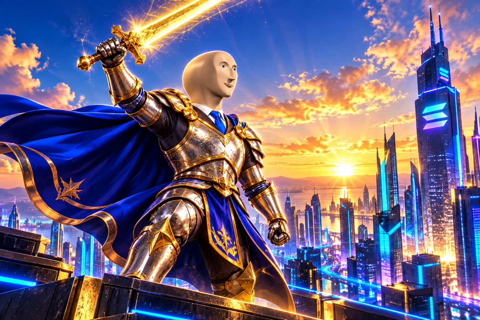 Stonk knight raising a golden sword over a futuristic Solana city at sunset