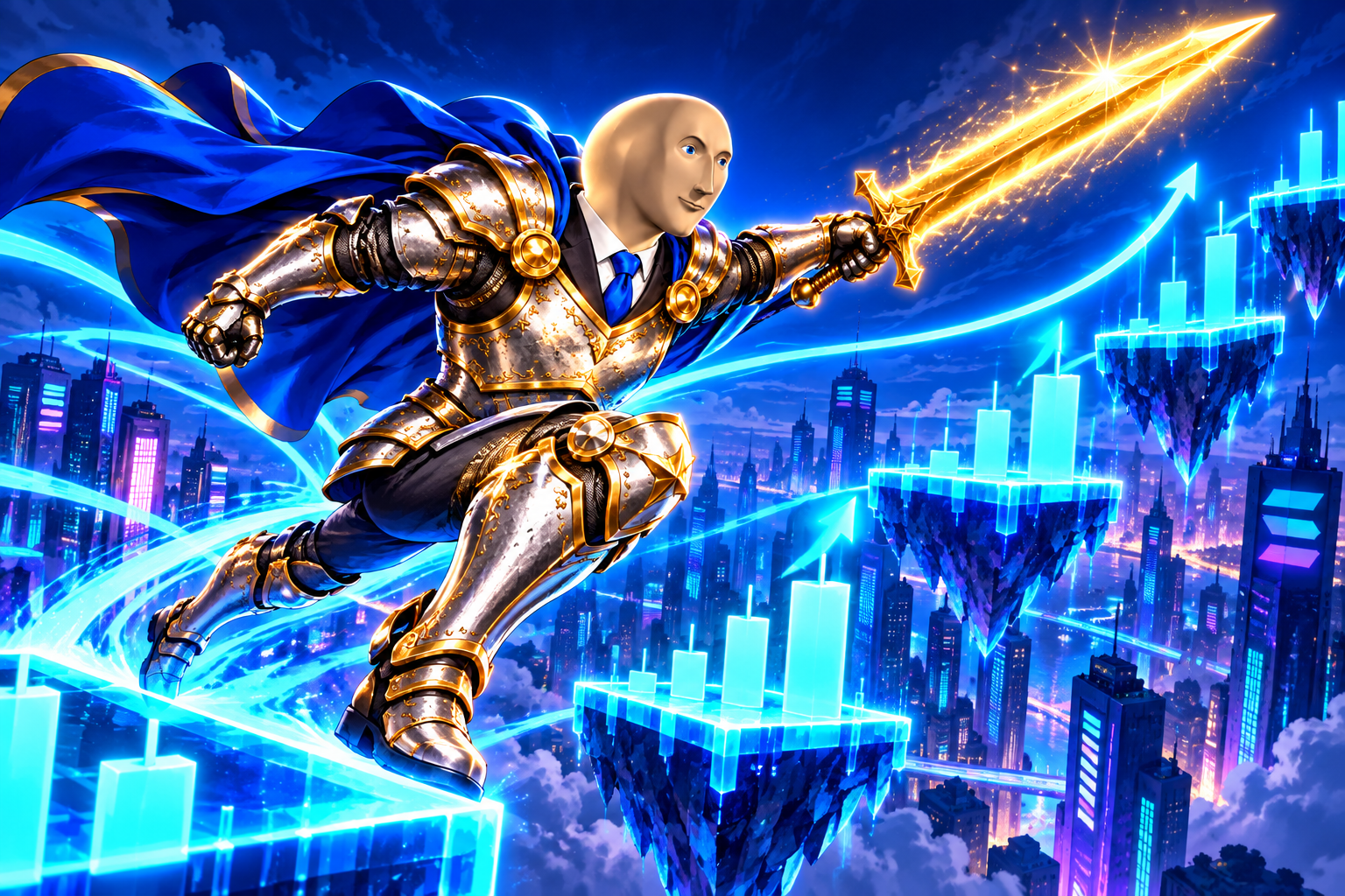 Stonk knight charging along a glowing bullish chart through a neon Solana city