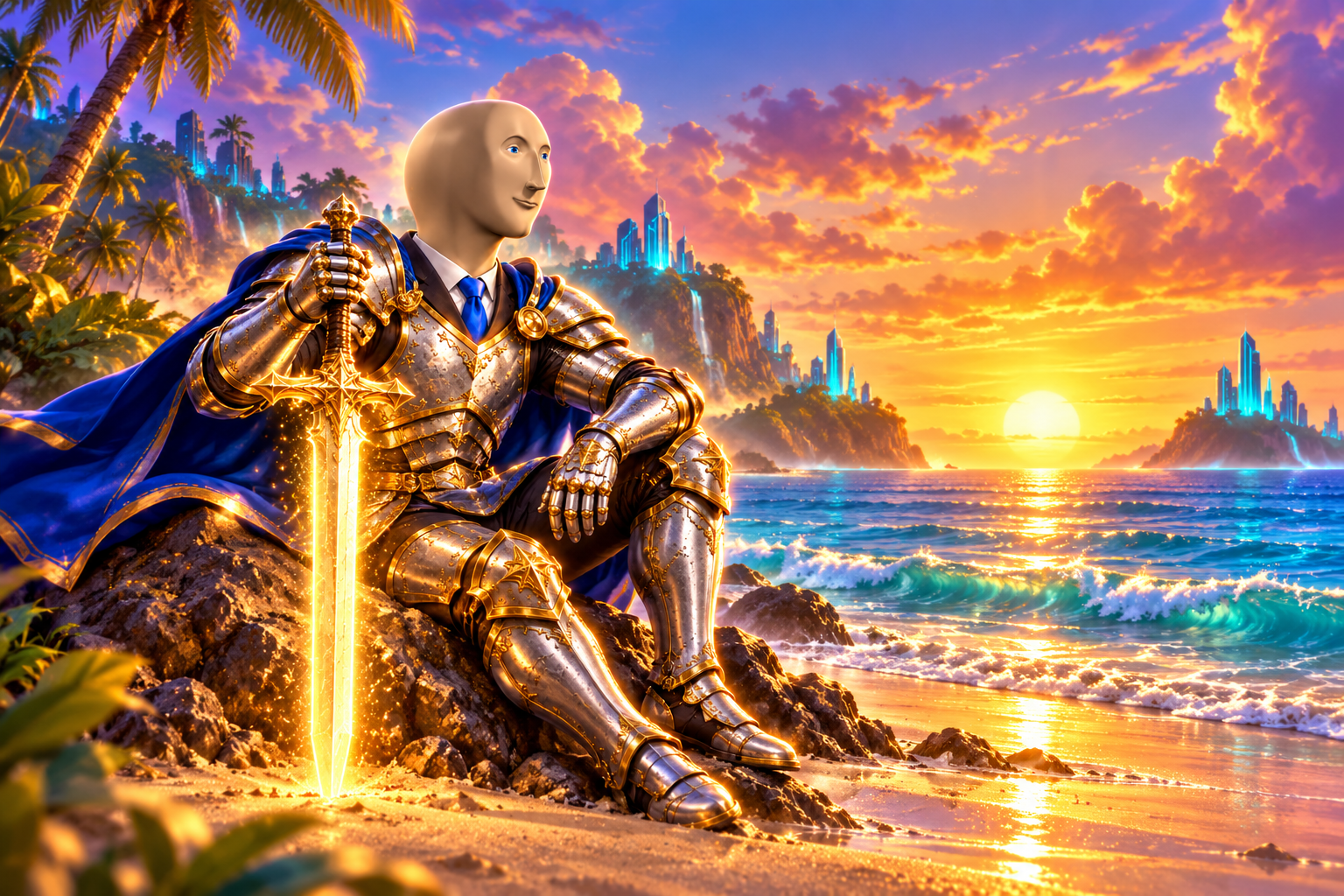 Stonk knight resting on the shore with a glowing golden sword at sunset