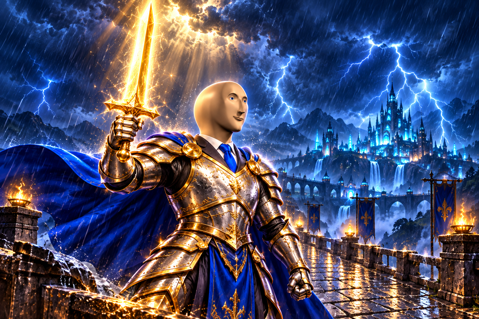 Stonk knight raising a golden sword on a stormy bridge before a glowing castle