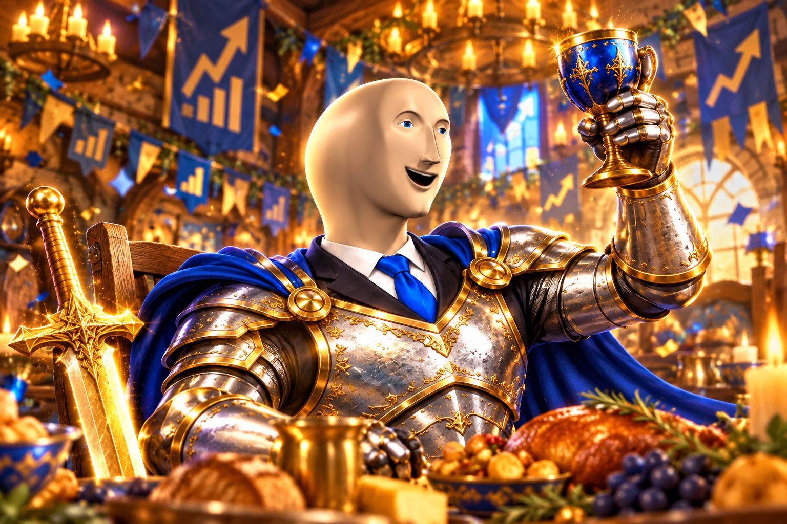 Stonk knight toasting at a banquet with a glowing golden sword beside him